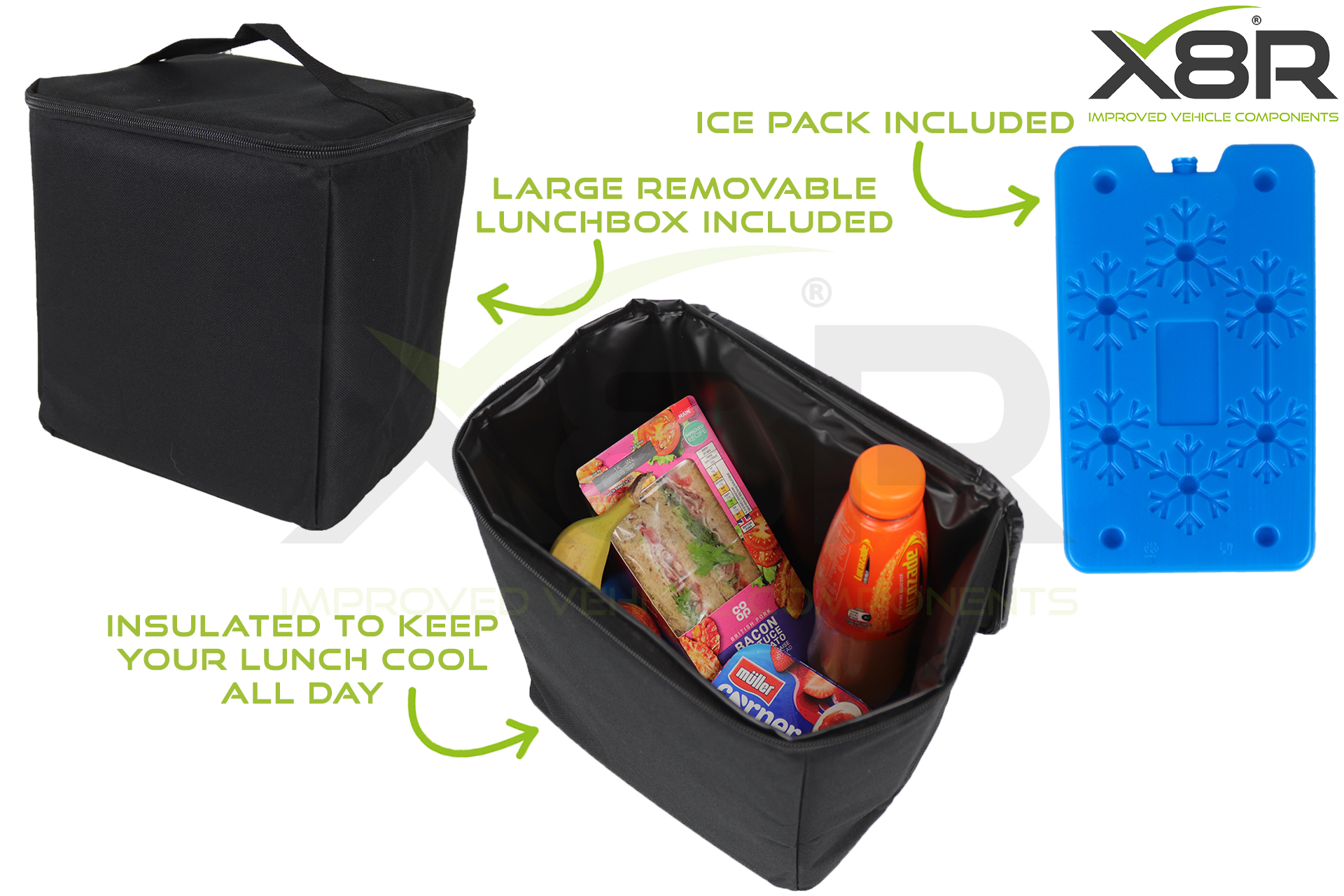 large lunchbox and cool pack included in x8r bag